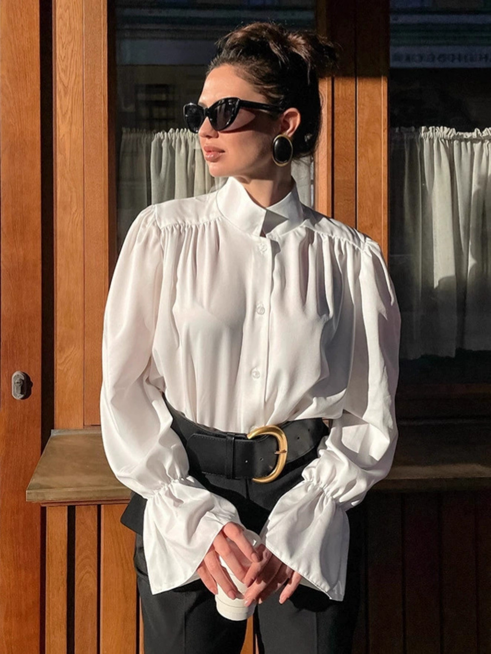 Forever 21 White Puff Sleeve Cotton Blouse Stand Collar Pleated Office